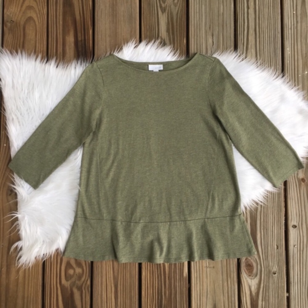 Pure Jill Army Green 3/4 Sleeve Peplum Ruffle Top